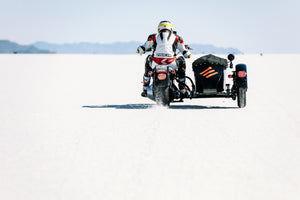 Bobby Haas riding his Harley-Davidson Fatboy at the Bonneville Salt Flats. 